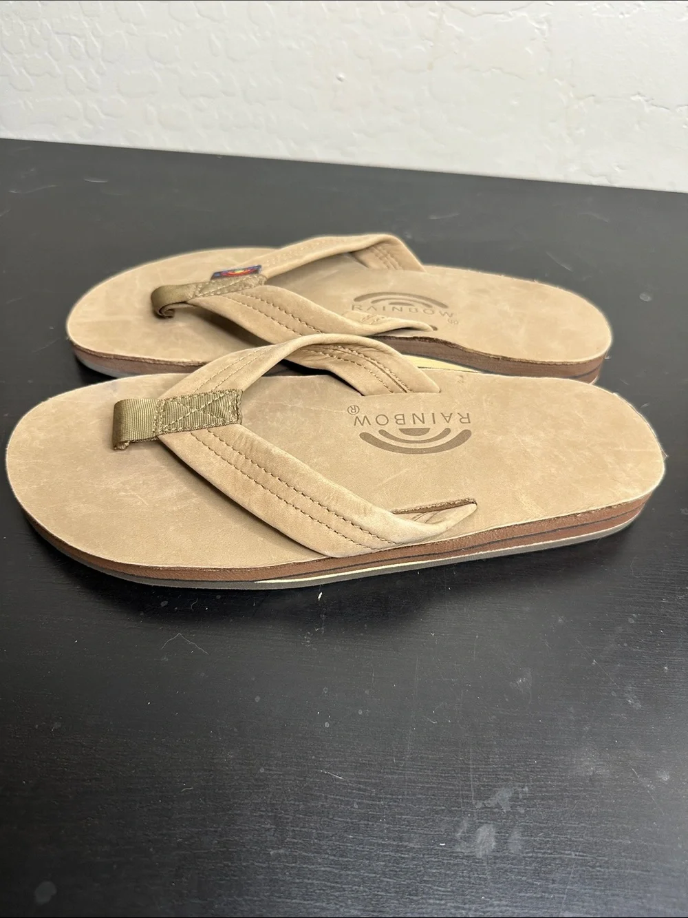 Rainbow Men’s Tan Suede Leather Flip Flops with Olive Webbing